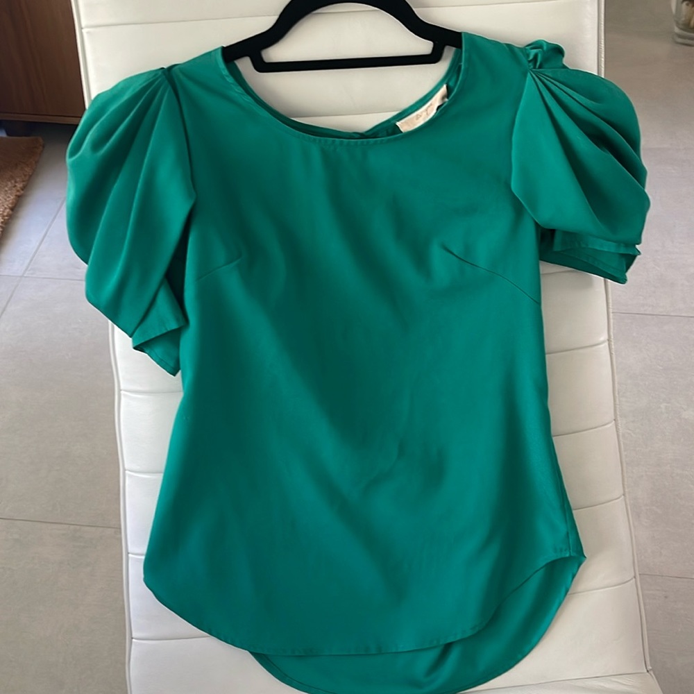 Women size small Turquoise blouse with statement sleeves pleated and buttons Y2K